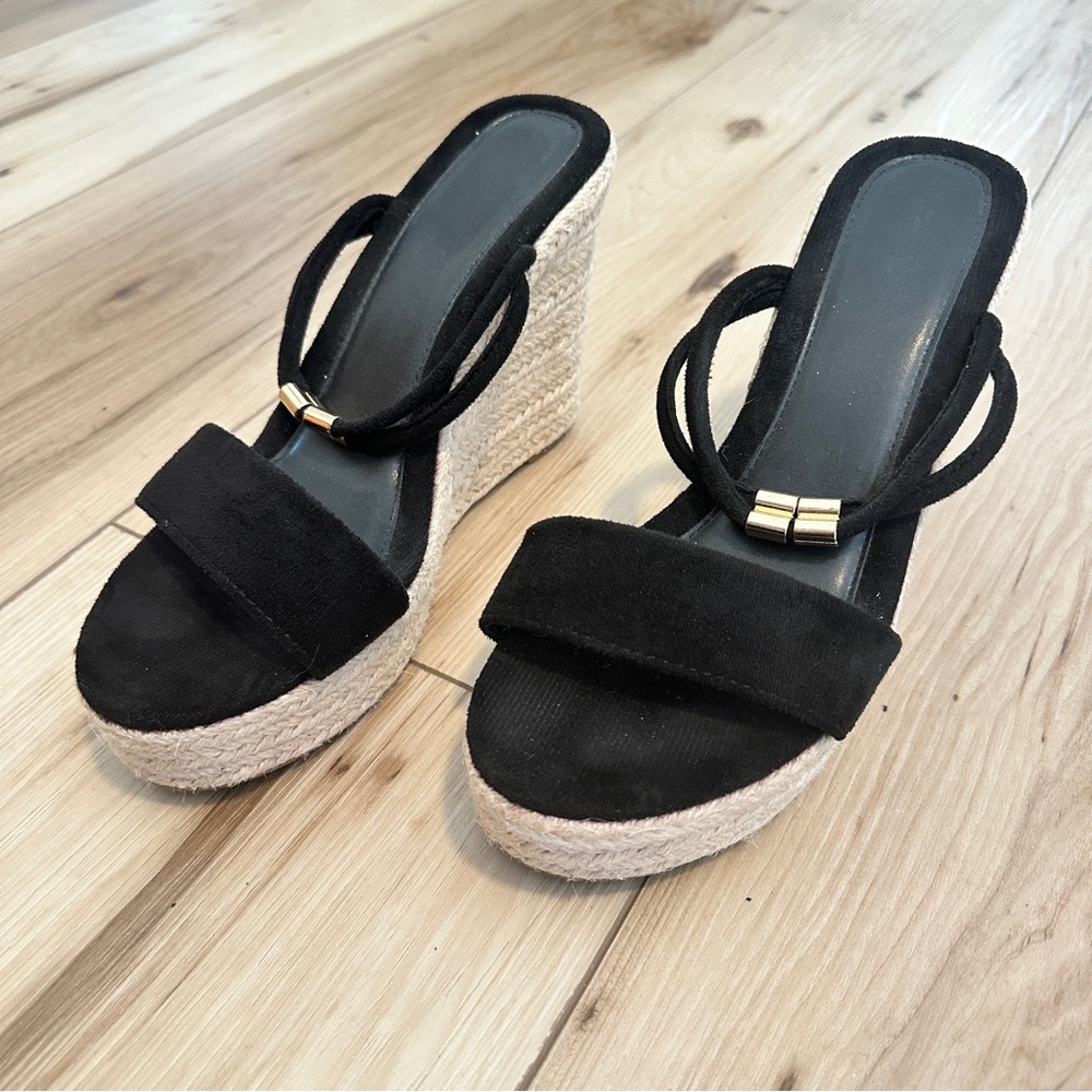 Black Wedge Sandals faux suede with gold accents